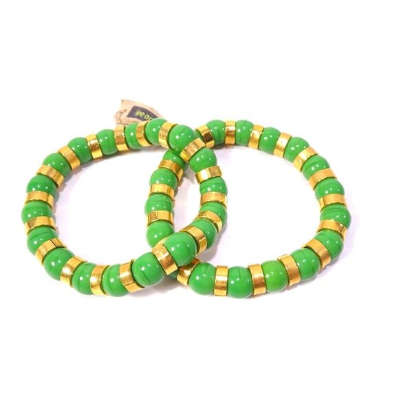 Neiman Marcus Lee Angel Glass Bead Gold Spacer Bracelet Set 2 NWT 198 GREEN - Picture 1 of 8